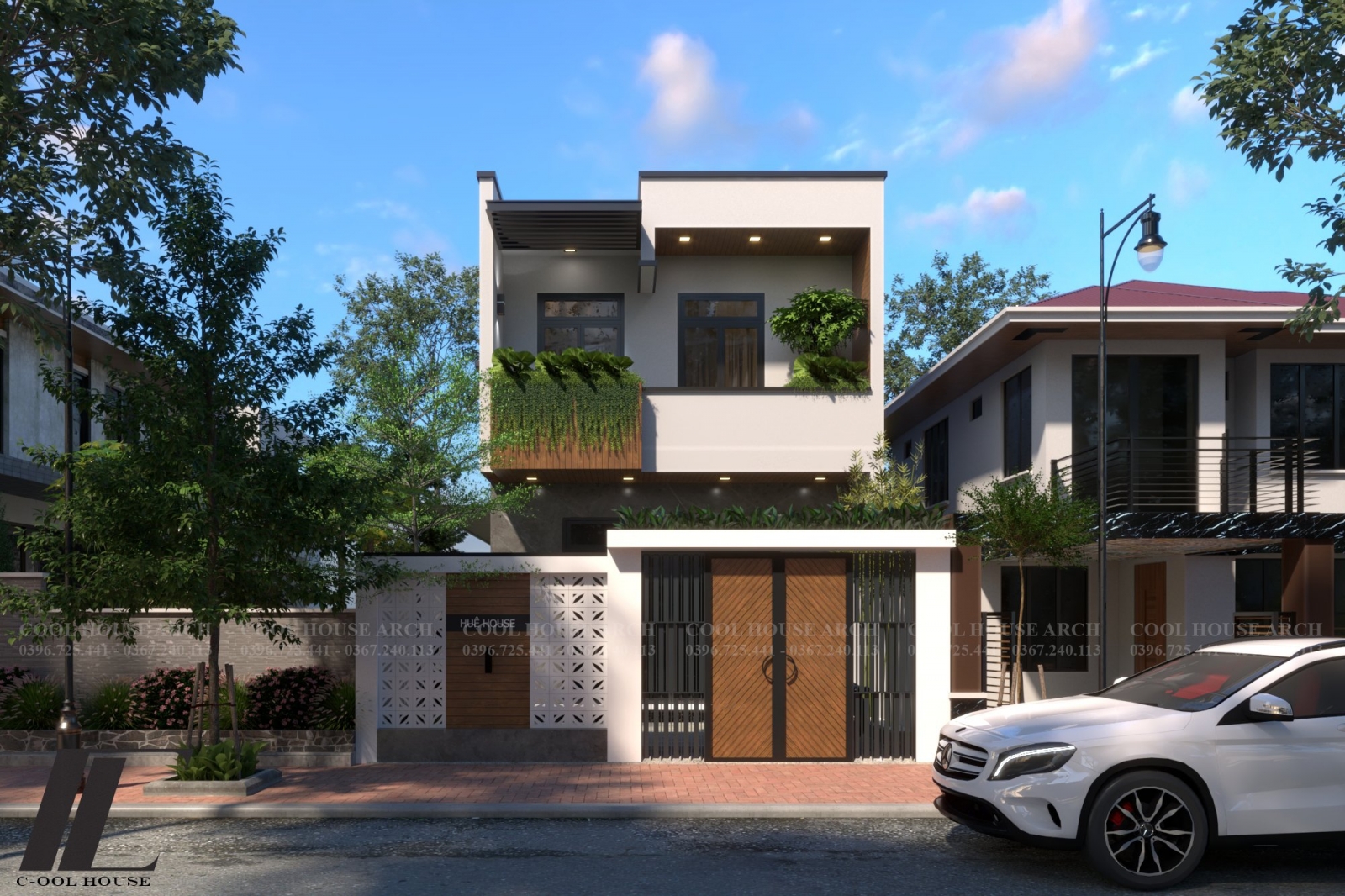 Thiết kế mặt tiền nhà phố 2 tầng hiện đại tại Đồng Hới – H’s House sử dụng hình khối đơn giản, kết hợp vật liệu gỗ và kính.