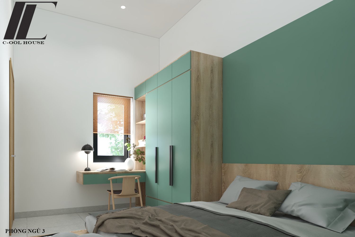 Phòng ngủ tông xanh lá pastel kết hợp nội thất gỗ
