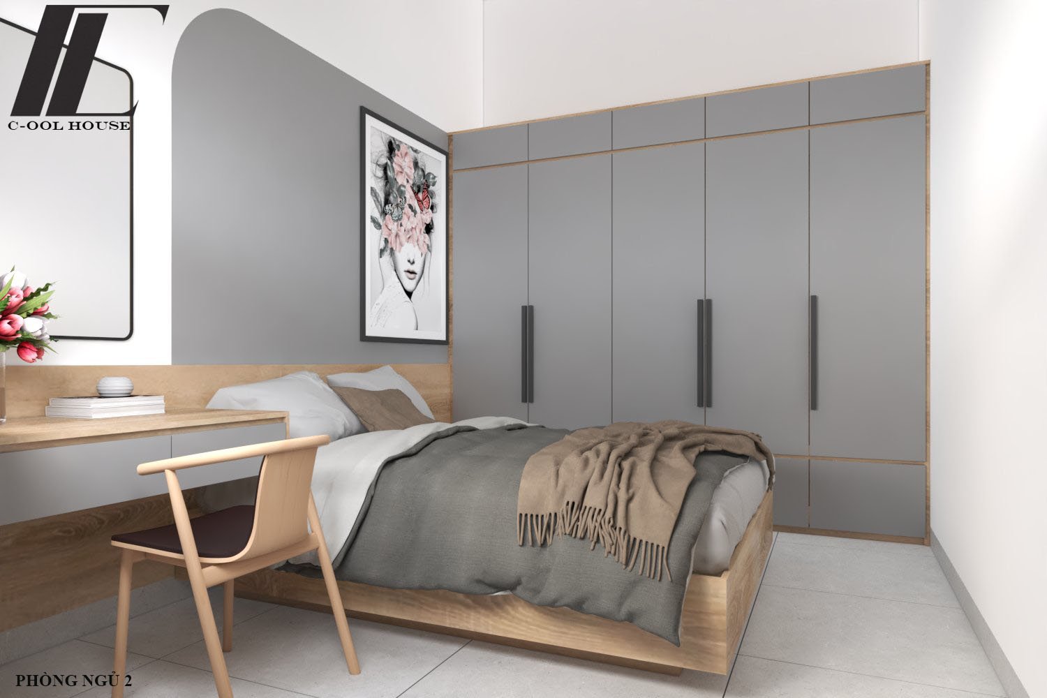Phòng ngủ hiện đại tông xám – gỗ với tranh treo nghệ thuật