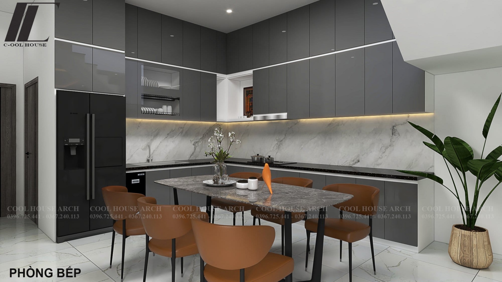 Phòng bếp hiện đại với tông màu xám và nội thất gỗ ấm
