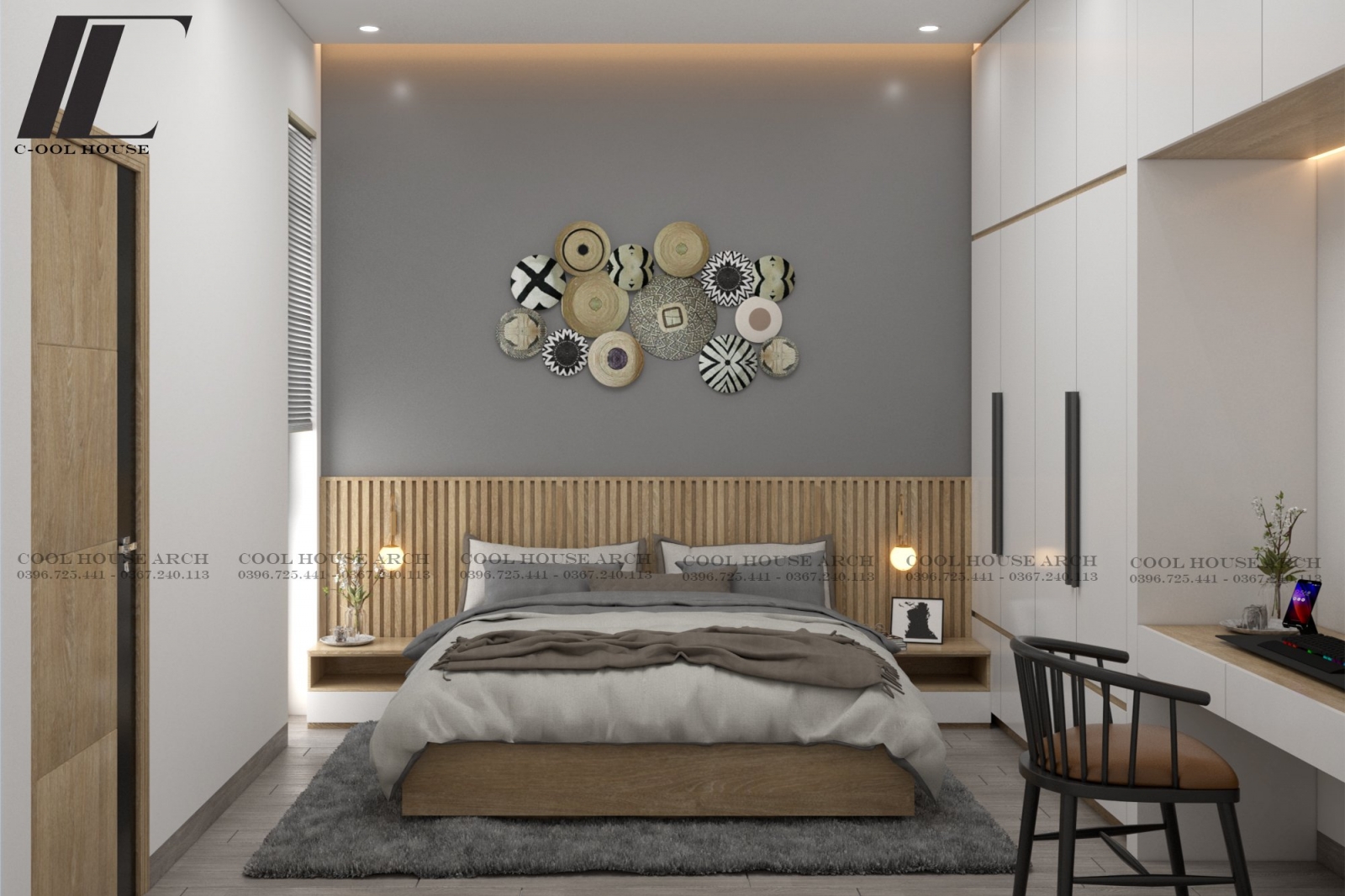 Phòng ngủ master H’s House thiết kế tối giản, sử dụng tông màu be và vật liệu gỗ tự nhiên