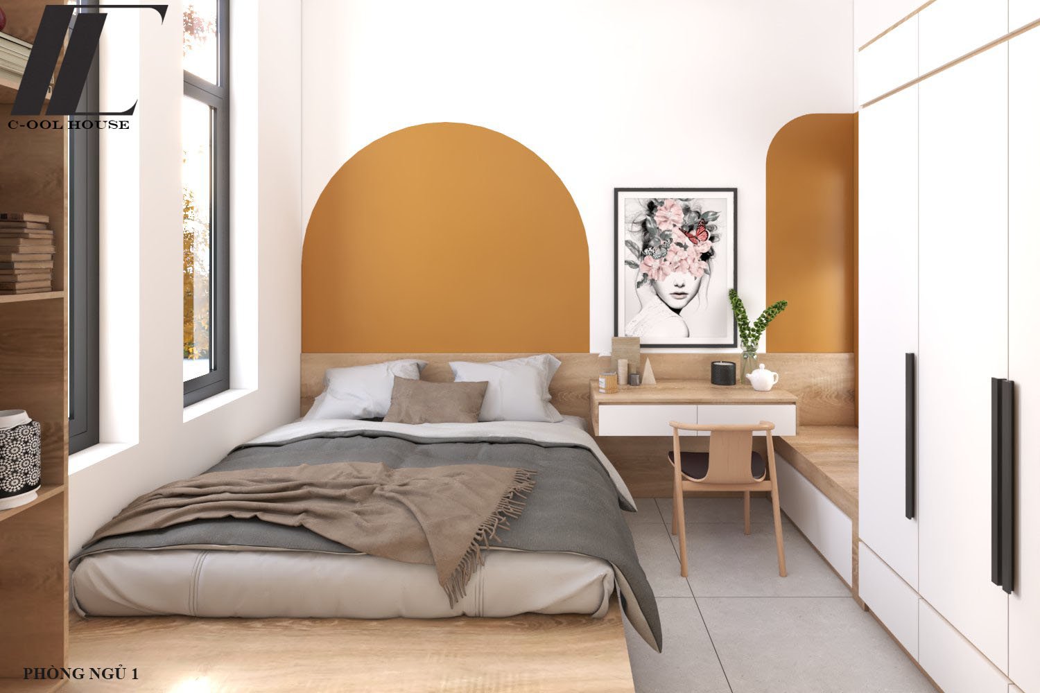 Phòng ngủ màu cam đất nhẹ nhàng và nội thất gỗ sáng