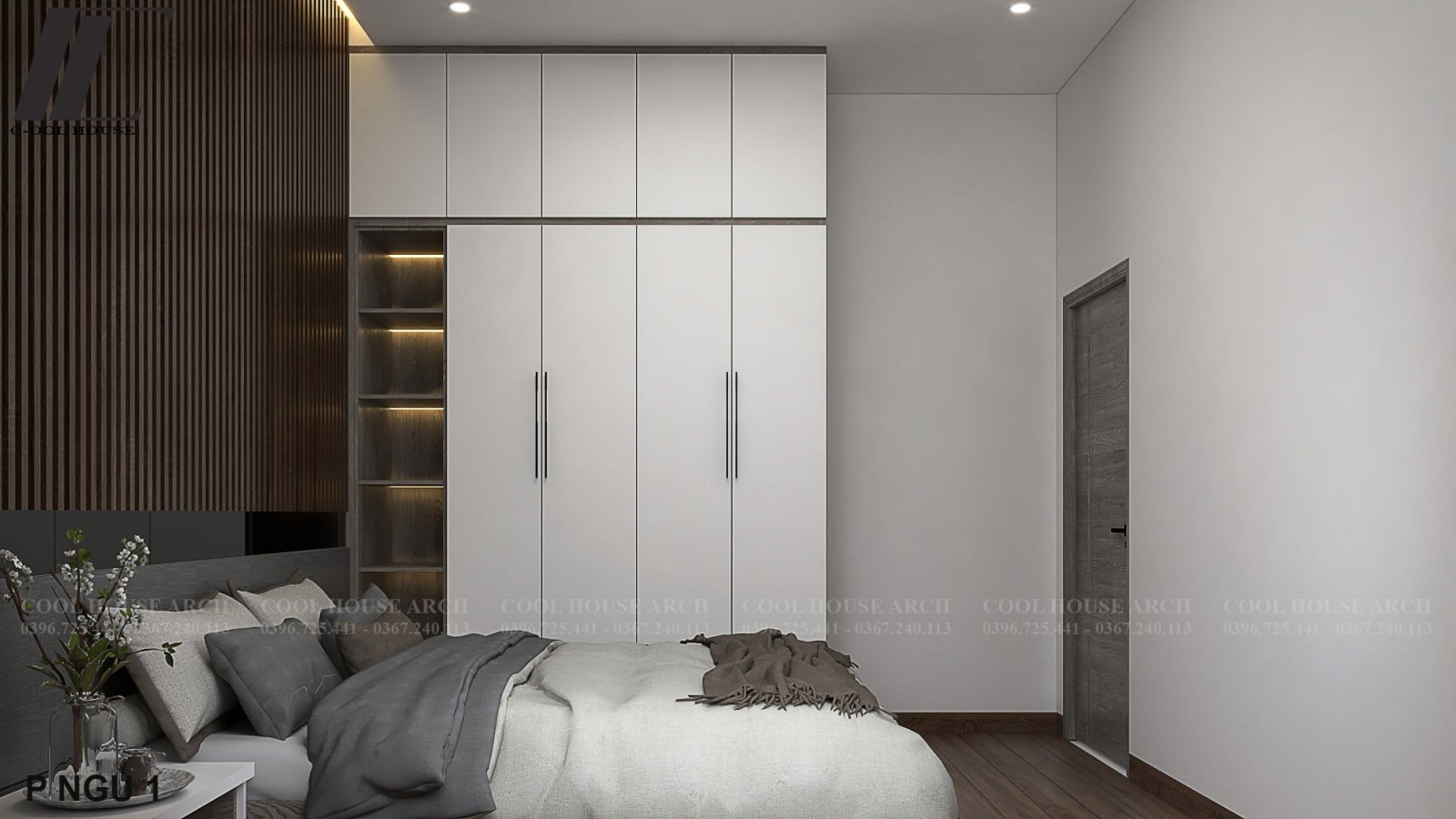 Phòng ngủ hiện đại với tông màu gỗ nâu và trắng