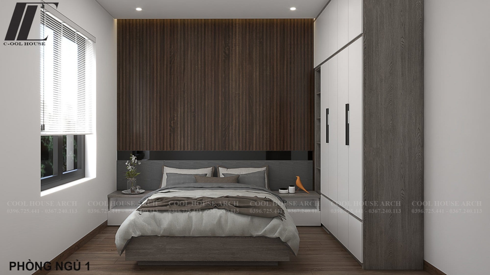 Phòng ngủ hiện đại với tông màu gỗ nâu và trắng