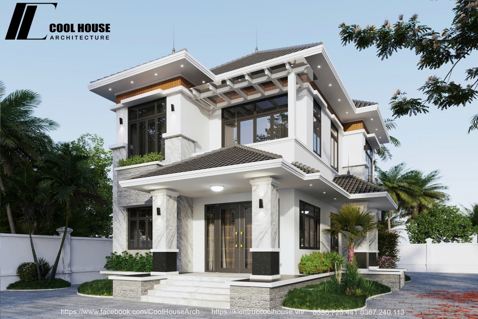 Mặt tiền biệt thự mái Nhật hiện đại với vật liệu gỗ – kính – đá tại Quảng Bình – Cool House