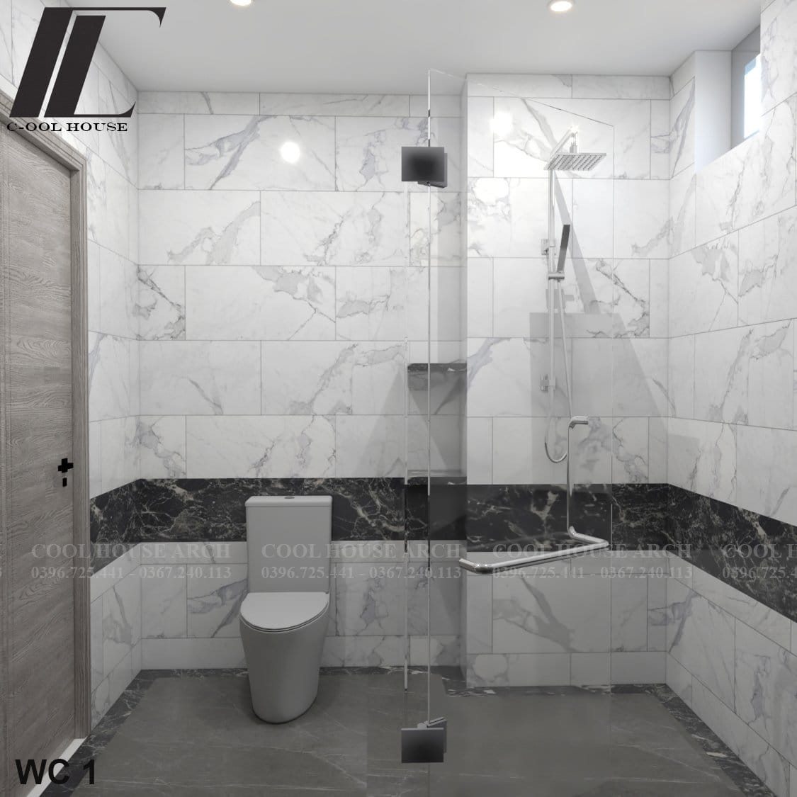 Phòng tắm hiện đại với đá marble trắng đen