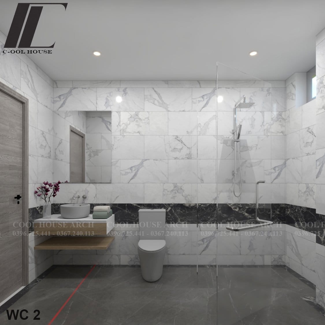 Phòng tắm hiện đại với đá marble trắng đen