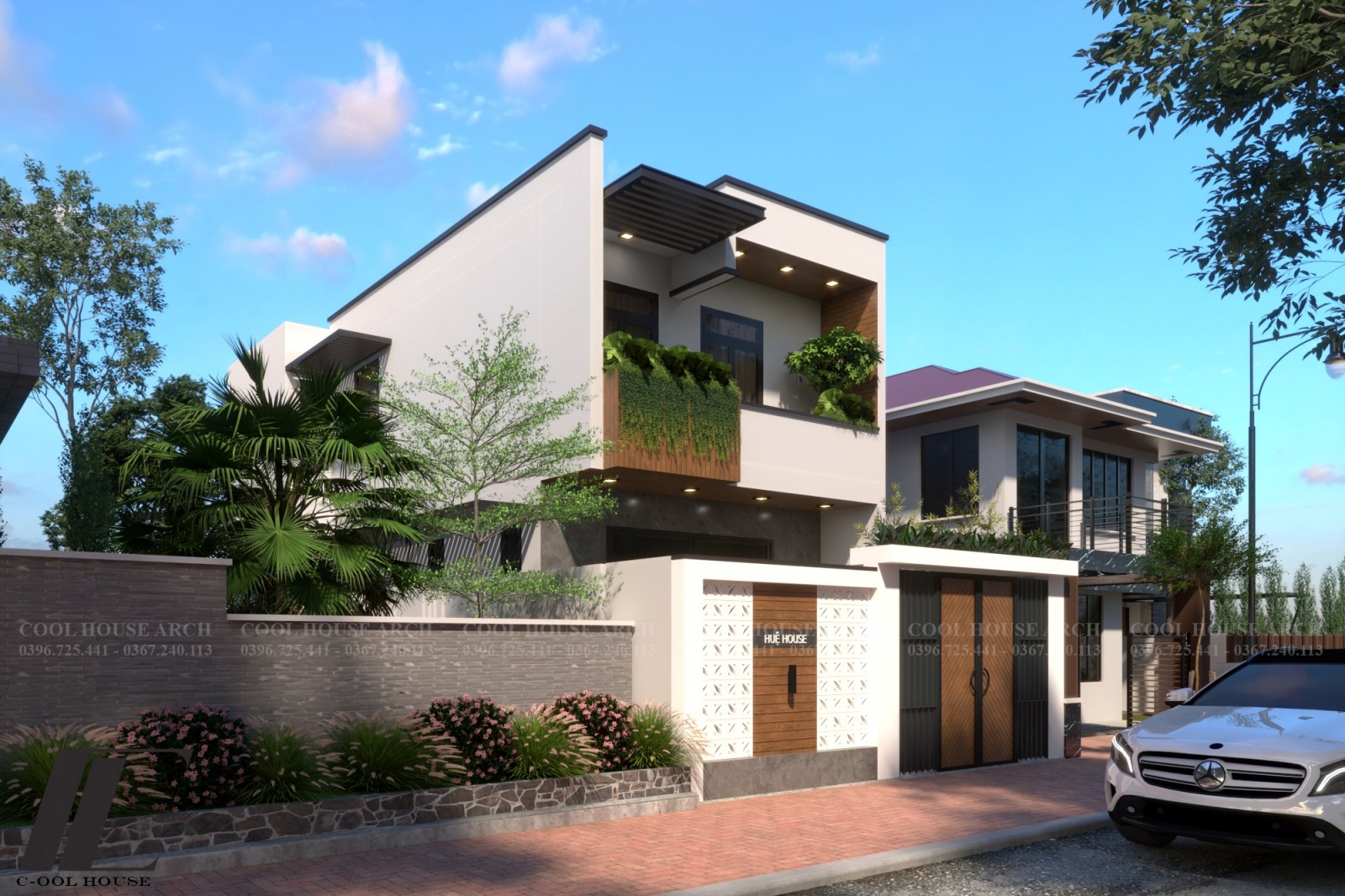 Mặt tiền H’s House thể hiện vẻ đẹp hiện đại và ấm áp của tổ ấm gia đình