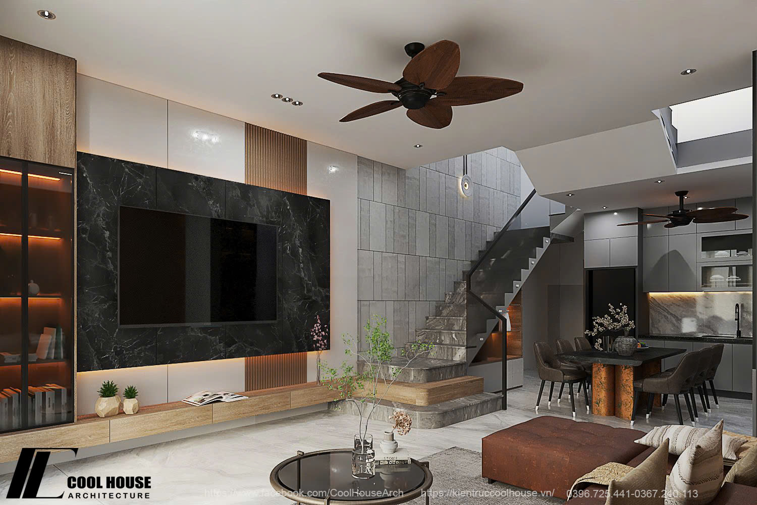 Phòng khách sang trọng với điểm nhấn tường đá đen và sofa da nâu hiện đại.