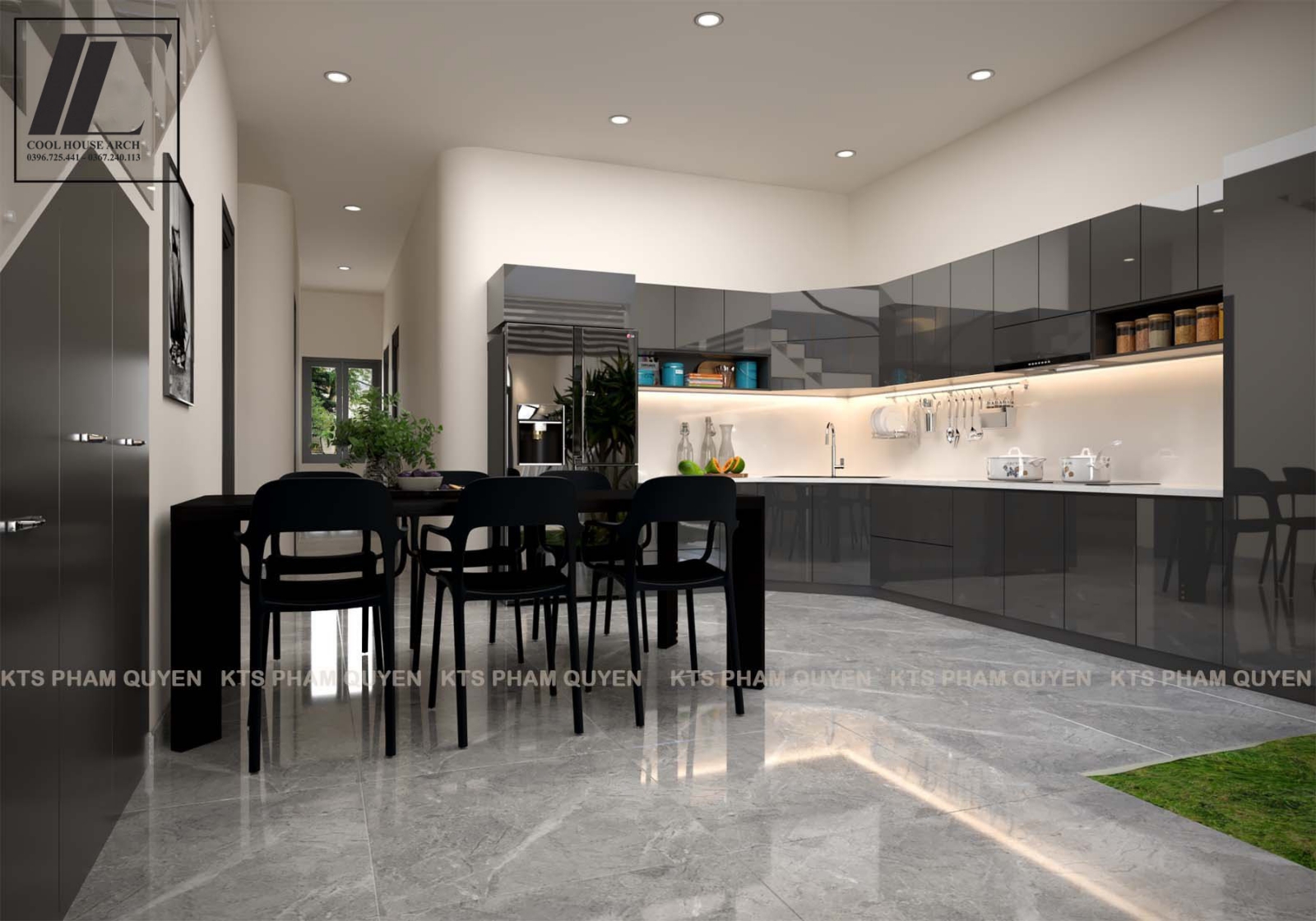 Khu bếp chữ L sang trọng với ánh sáng tự nhiên tràn ngập.