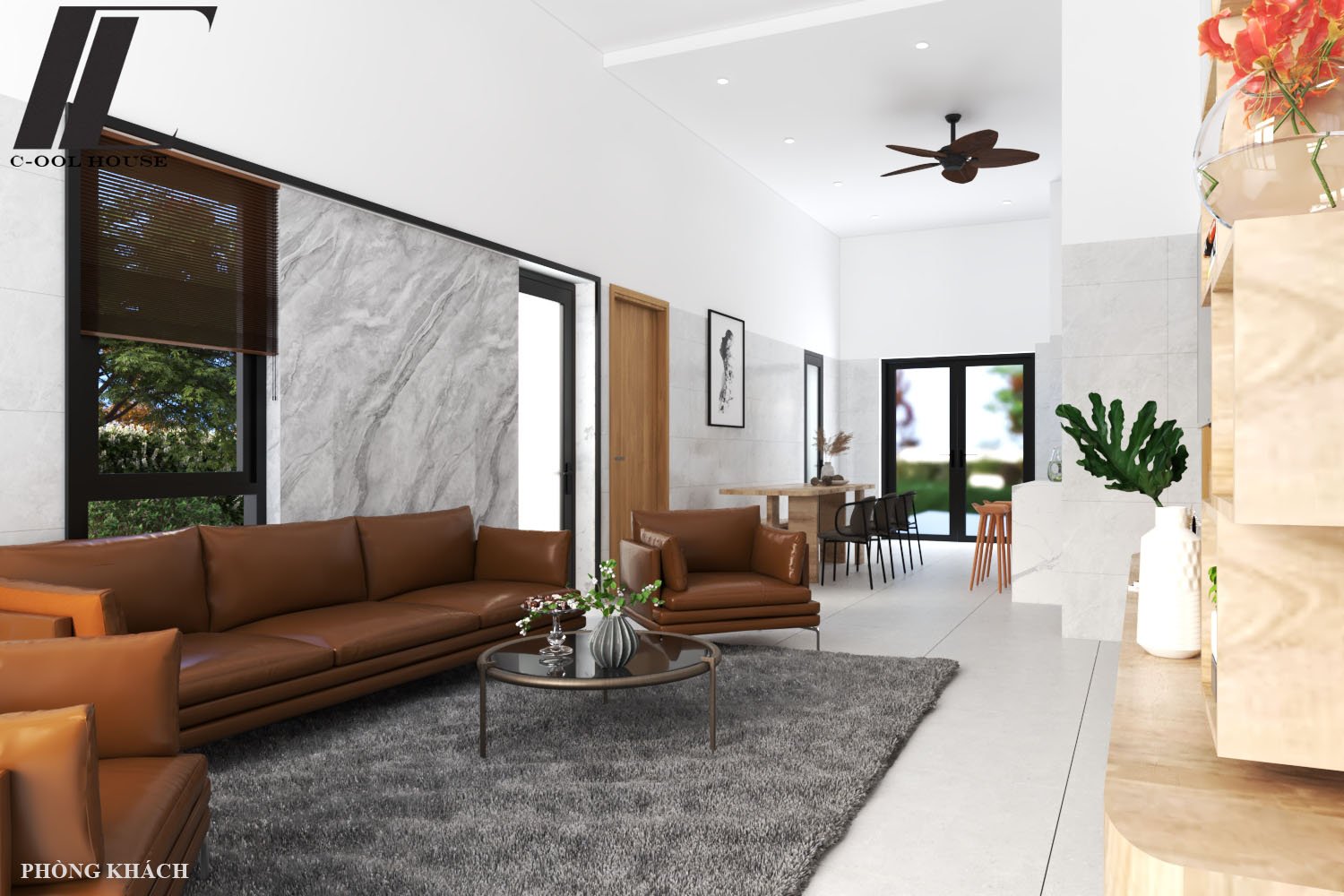 Phòng khách nhà cấp 4 hiện đại với sofa da nâu và nội thất gỗ sáng