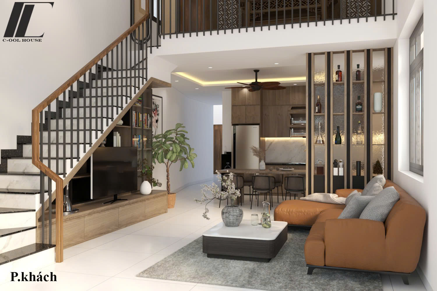 Thiết kế phòng khách nhà cấp 4 gác lửng hiện đại với trần cao và ánh sáng tự nhiên