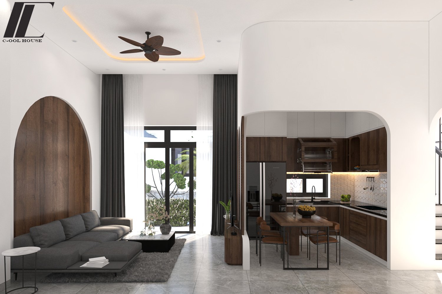 Không gian phòng khách liên thông bếp hiện đại