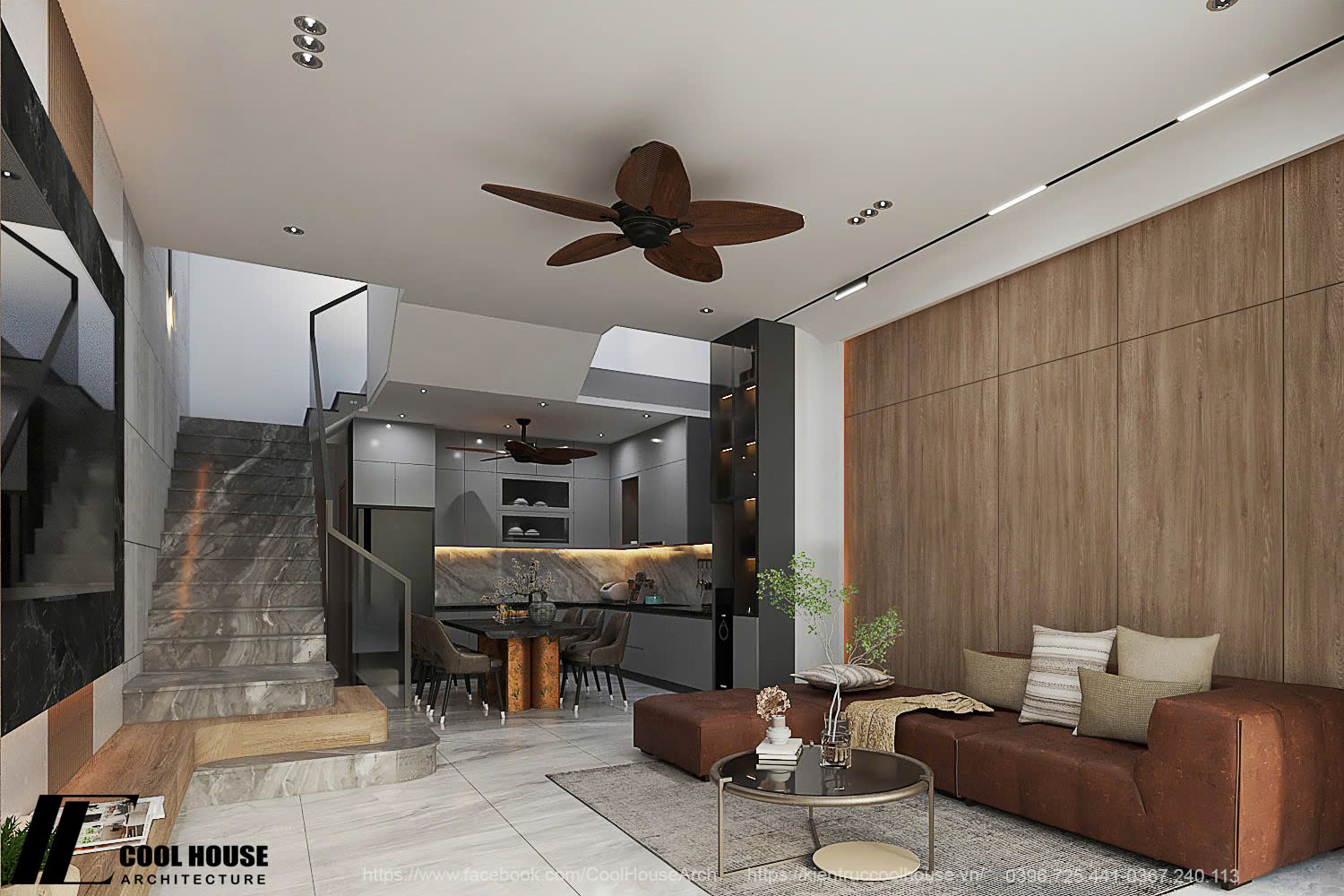 Phòng bếp hiện đại liên thông phòng khách trong nhà phố Hòa Xuân