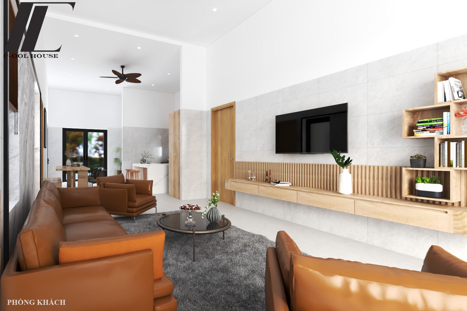 Phòng khách nhà cấp 4 hiện đại với sofa da nâu và nội thất gỗ sáng - view1