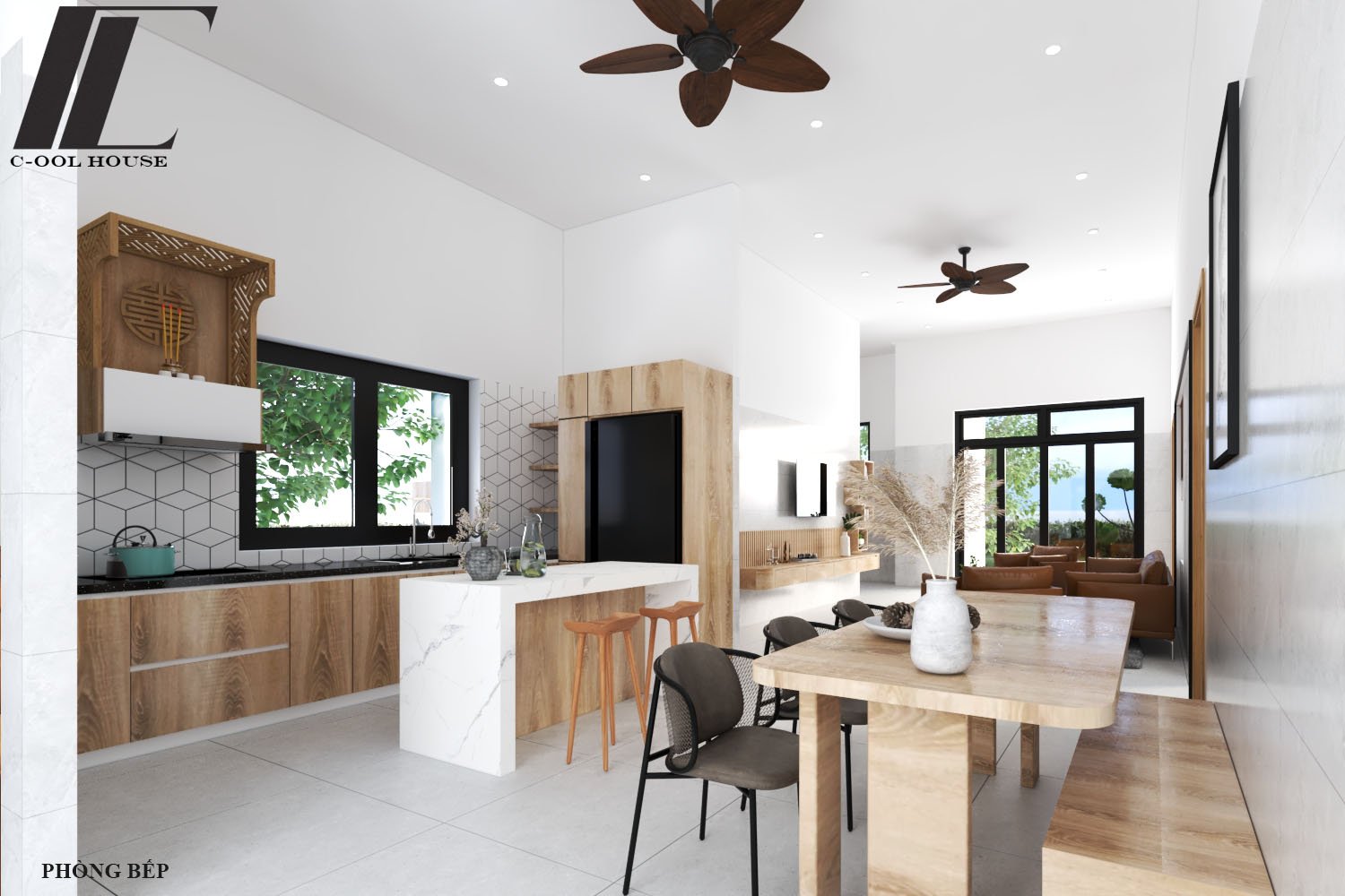 Phòng bếp nhà cấp 4 hiện đại với đảo bếp ốp đá trắng và nội thất gỗ