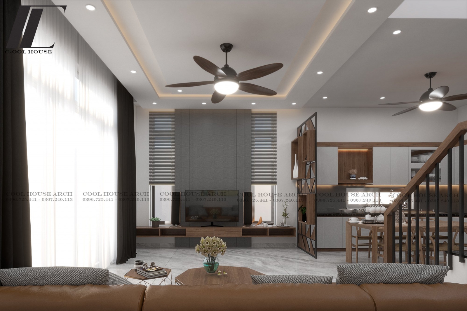 Không gian phòng khách H’s House với tông màu trắng sáng, kết hợp vật liệu gỗ tự nhiên và ánh sáng chan hòa