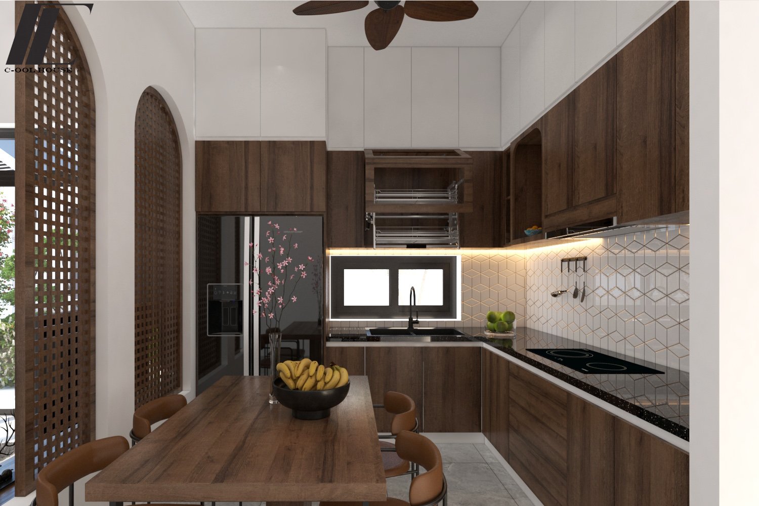 Không gian bếp và bàn ăn sang trọng, nhiều ánh sáng tự nhiên