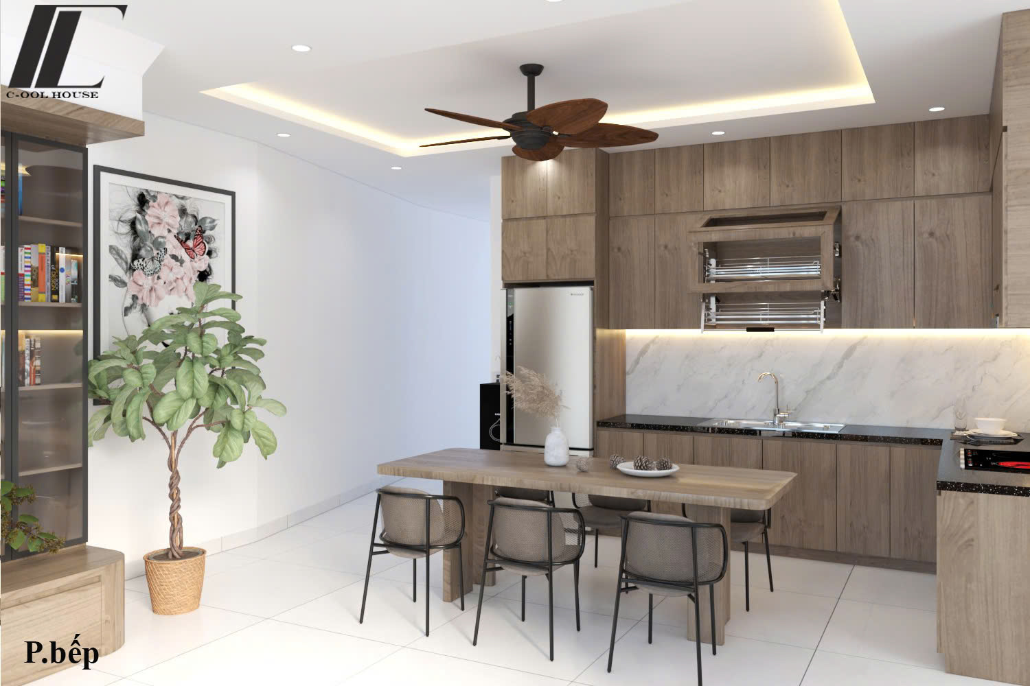 Thiết kế phòng bếp nhà cấp 4 gác lửng hiện đại tối giản và thông thoáng