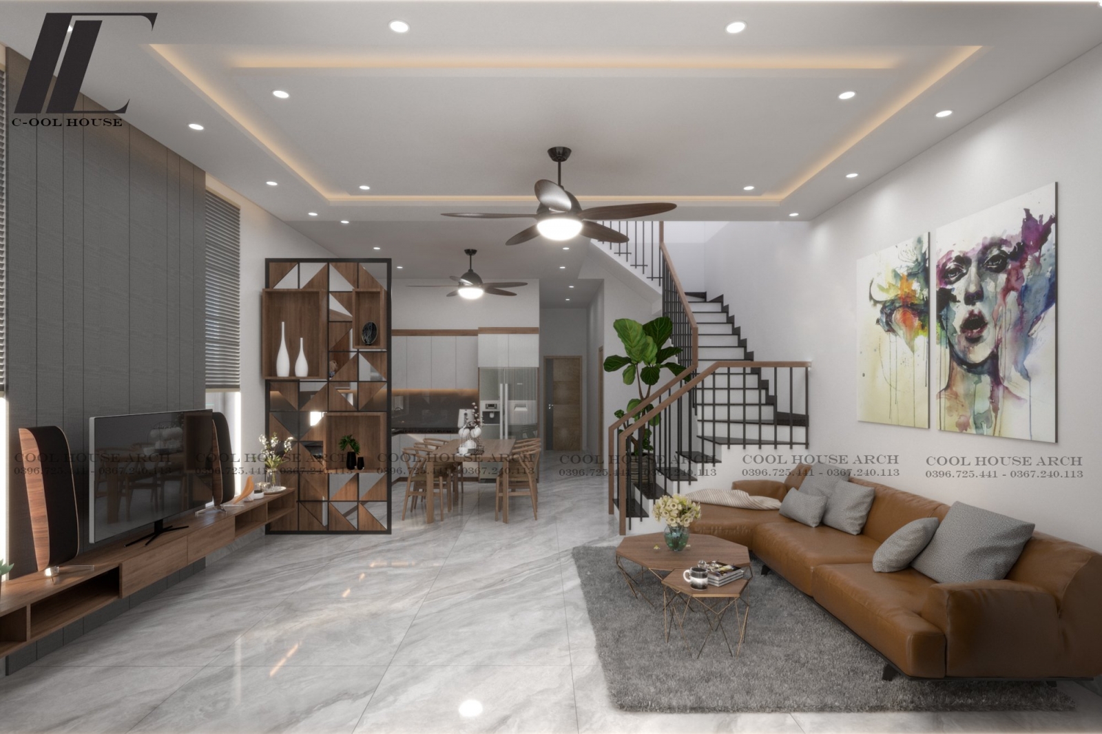 Thiết kế không gian mở giữa phòng khách và bếp trong nhà phố 2 tầng hiện đại H’s House – Đồng Hới.