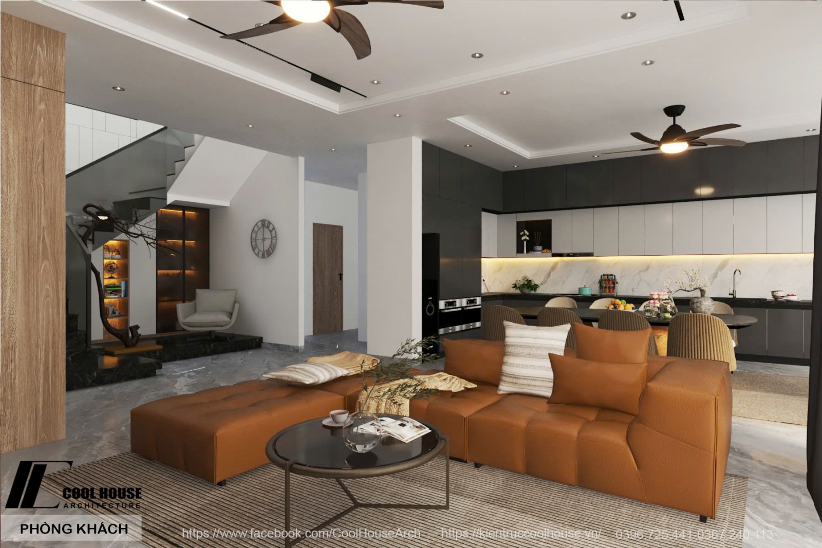 Phòng bếp và phòng khách kết nối với nhau tạo ra không gian mở thoáng đãng