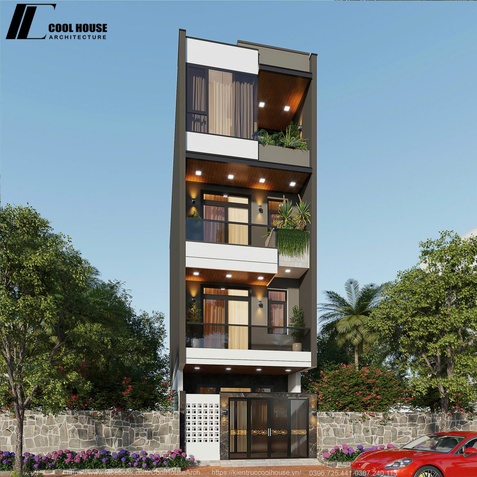 Phối cảnh tổng thể mặt tiền nhà phố 4 tầng hiện đại 2