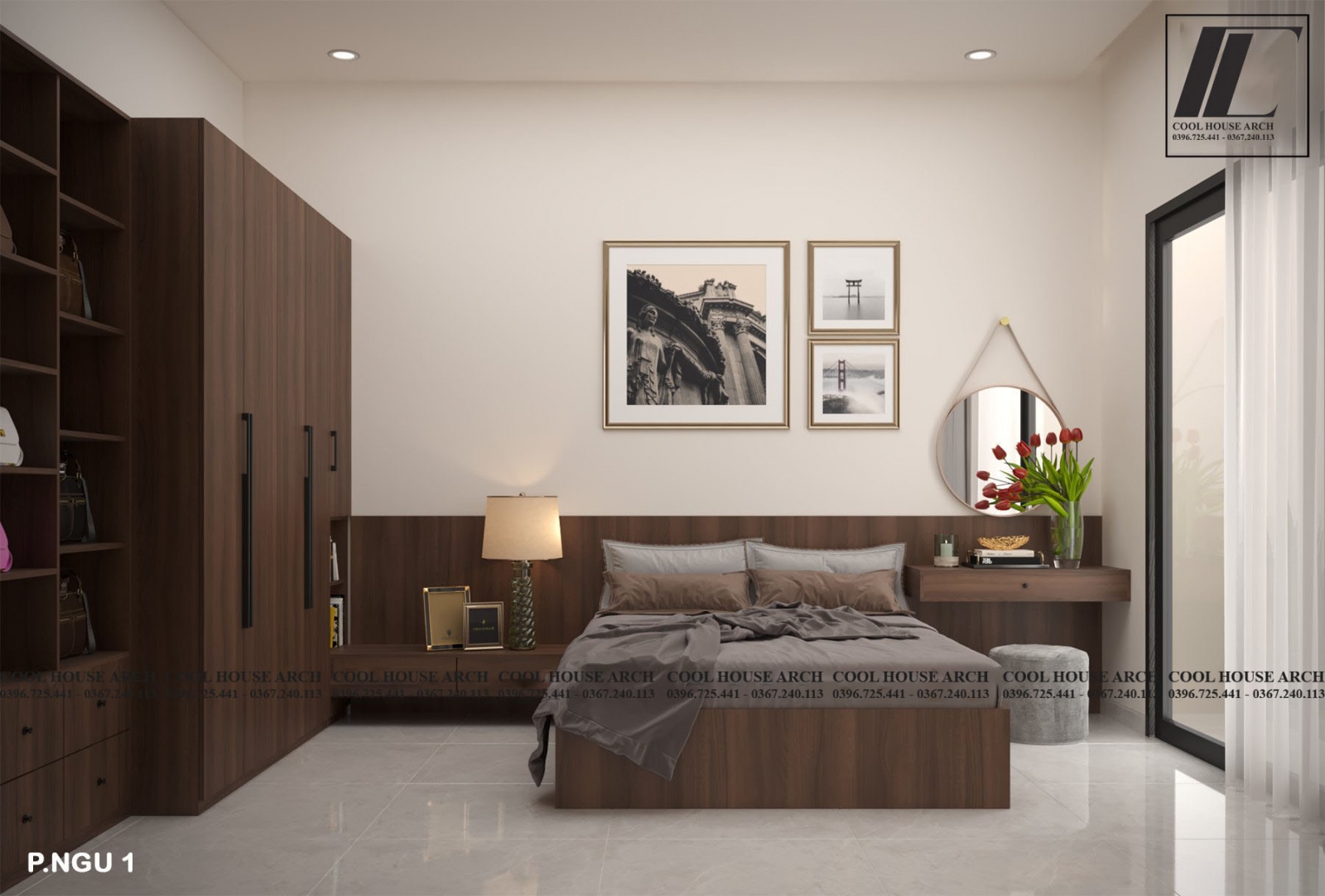 Phòng ngủ master hiện đại với ban công kính và tông màu trung tính sang trọng – Cường’s House, Cool House Đà Nẵng.